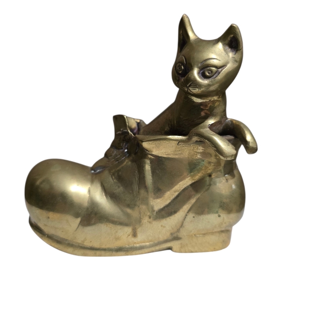 Vtg MCM Solid Brass Cat In A Boot Paperweight Decor